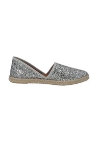 Espadrillas argentate con glitter, caratterizzate da una suola in juta intrecciata, lati bassi e un bordo liscio di colore grigio chiaro attorno all'apertura.