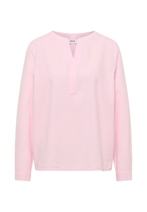 Hellrosa strukturierte Bluse mit langen Ärmeln, V-Ausschnitt und lockerem Schnitt.