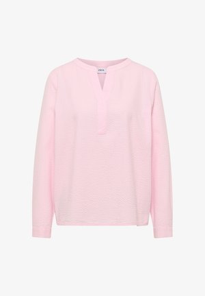 Hellrosa strukturierte Bluse mit langen Ärmeln, V-Ausschnitt und lockerem Schnitt.
