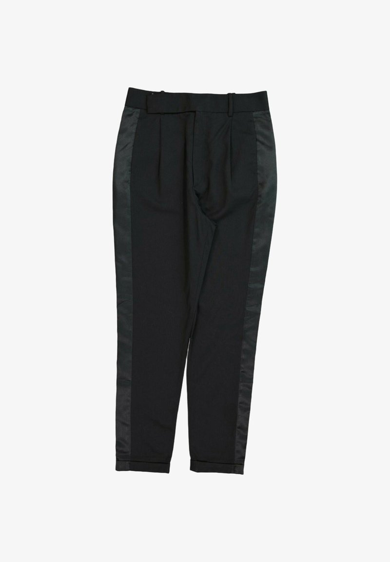 Pantalon formel noir coupe slim, avec des bandes latérales en satin et une ceinture avec passants.