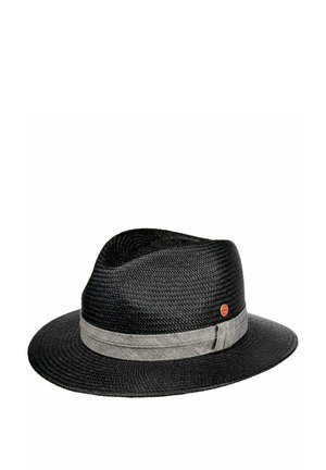 Black woven fedora hat with a gray fabric band and a small round red logo pin on the side.