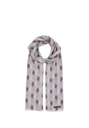 Light gray scarf with brown and beige diamond patterns, fringed edges, and a small black Bugatti label on one end.