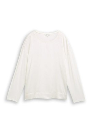 T-shirt blanc à manches longues avec col rond, coupe décontractée, design uni, et poignets et ourlet côtelés, posé à plat sur un fond blanc.