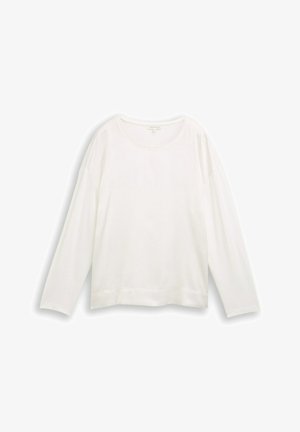 T-shirt blanc à manches longues avec col rond, coupe décontractée, design uni, et poignets et ourlet côtelés, posé à plat sur un fond blanc.