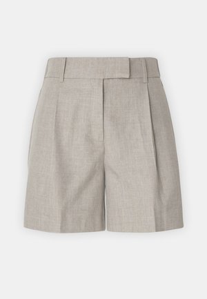 Lysegrå shorts med struktureret talje, detaljerede folder og en afslappet pasform med en glat linnedtekstur. Enkelt og alsidigt design.