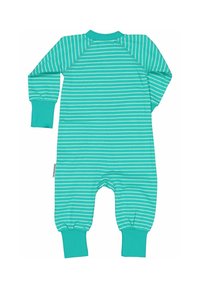 Turkosrandig babyoverall gjord av mjuk bomull, med långa ärmar, ribbade muddar och en avslappnad passform. Design med öppning i nacken bak.