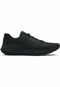 Schwarzer Sportschuh mit einer strukturierten Synthetikoberseite, Schnürverschluss, gepolsterter Lasche und rutschfester Gummisohle. Leichtes Design.