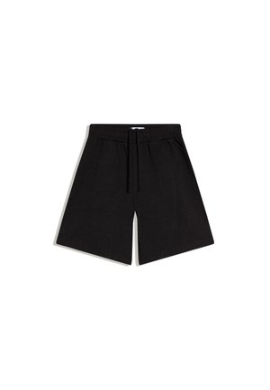 Pantaloni scurți negri până la genunchi, cu talie elastică și șnur, concepuți pentru purtatul casual.