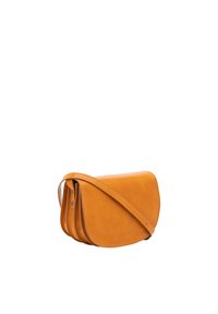 Borsa a tracolla in pelle di un caldo colore senape. Presenta una forma rotonda, una texture liscia e una lunga tracolla regolabile per una facile portabilità.