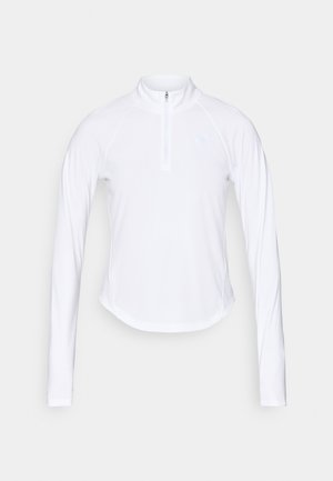 T-shirt de sport blanc à manches longues, en tissu léger, avec un zip sur le devant à mi-hauteur, un ourlet arrondi et des manches raglan avec un discret logo.