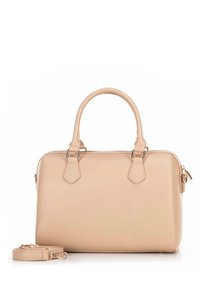 Borsa a mano in pelle beige con doppi manici, tracolla staccabile e dettagli in metallo argentato. Forma rettangolare con superficie liscia.