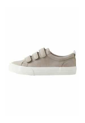 Light gray low-top sneaker with three Velcro straps and white rubber sole, side view against white background.