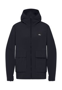 Zwarte sweatjack met capuchon, voorzien van twee grote voorzakken, een volledige ritssluiting en verstelbare manchetten. Gemaakt van een glad, duurzaam materiaal.