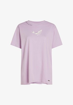 T-shirt en coton violet clair avec col rond, manches courtes et un graphisme blanc représentant une baleine. Dispose d'une petite étiquette logo à l'ourlet.