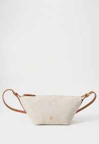 Beige textured crossbody bag with a brown adjustable leather strap and a small gold logo on the front.