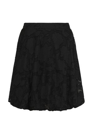 Falda negra en línea A con superposición de encaje floral y cintura elástica, de longitud a la rodilla con sutiles patrones de flores texturizados.