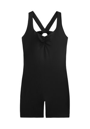 Black one-piece swimsuit with a scoop neck, crisscross straps, and gathered front detail. Made from stretchy, smooth fabric.