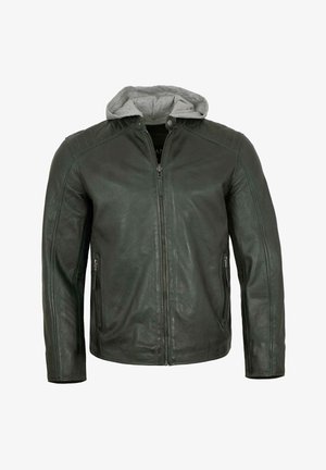 Dunkelgrüne Lederjacke mit grauer Kapuze. Hat einen Frontreißverschluss und zwei Seitentaschen. Glatte Textur mit gesteppten Akzenten an den Schultern.
