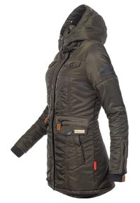 Olijfgroen parka jack met capuchon, met rits afgesloten zakken, knoopaccenten en geribbelde manchetten. Heeft een zachte, gestructureerde binnenvoering.