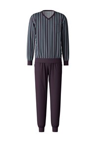 Gestreept loungewear set met een V-hals top met lange mouwen en een zak, gecombineerd met broek met elastische tailleband in solide paars.