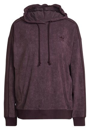 Sweat à capuche Adidas violet foncé avec poches avant, capuche réglable par cordon, poignets côtelés et trois bandes le long des manches.