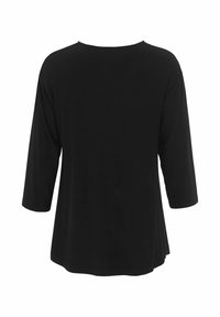 Zwarte lange mouwen top met een relaxte pasvorm, ronde hals en zachte stof. Het ontwerp heeft 3/4 mouwen en geen verdere details.