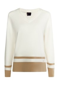 V-neck sweater in cream with a tan horizontal stripe at the hem and cuffs. Soft texture, long sleeves, and regular fit.