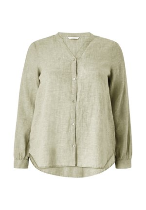 Lichtgroen, langemouw button-up shirt met een V-hals, gestructureerde stof, subtiele glans en zijsplitten aan de onderkant voor gemak in beweging.