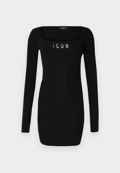 Black long-sleeve dress with a square neckline, featuring 'ICON' in rhinestones across the chest, made of a smooth, stretchy fabric.