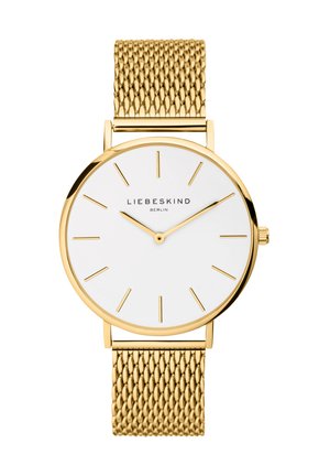Goldenes Mesh-Armbanduhr mit rundem weißen Zifferblatt, minimalistischem Design und goldenen Stundenmarkierungen. Enthält das Markenlogo "LIEBESKIND BERLIN."