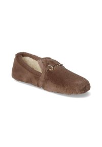 Brown fuzzy slippers with a soft interior lining, rounded toe, and a decorative silver hardware accent on the upper.