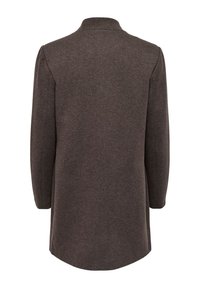 Cappotto di lana marrone con taglio dritto, maniche lunghe e colletto alto, con una superficie liscia e senza chiusure visibili.
