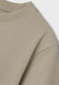 Felpa beige con scollo a coste e una texture liscia, caratterizzata da cuciture minime e una vestibilità rilassata. Vista ravvicinata che mette in evidenza i dettagli del tessuto.