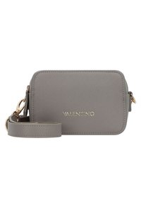 Valentino gray crossbody bag in textured material, featuring a gold logo, zip closure, and adjustable strap for versatile carrying.
