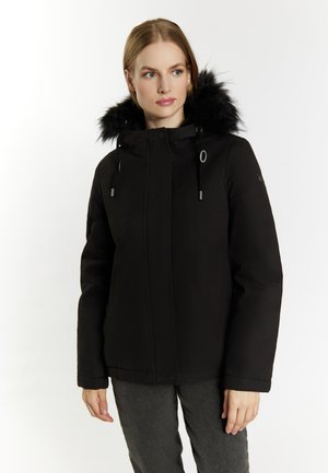 Zwarte gewatteerde jas met een faux fur capuchon, verstelbaar trekkoord, ritssluiting aan de voorkant en elastische manchetten. Kenmerkt zich door een gladde textuur en een stevig ontwerp.