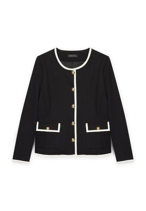 Schwarze Jacke mit Rundhalsausschnitt, goldenen Knöpfen, weißen Akzenten und zwei Fronttaschen, gefertigt aus einem gewebten Stoff.