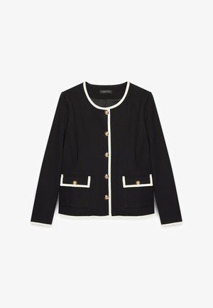 Jachetă neagră cu guler rotund, butoane aurii, margine albă și două buzunare frontale, realizată dintr-un material țesut.
