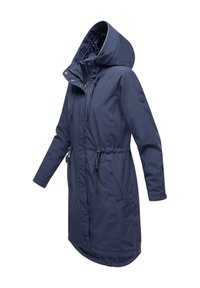 Mörkblå parka-jacka med huva, dragkedja framtill, dragsko i midjan och två sidofickor. Har ett slätt, vattentåligt material.