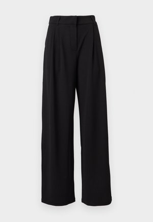 Pantalon noir taille haute à jambes larges avec passants pour ceinture et fermeture éclair frontale, présenté sur un fond blanc.