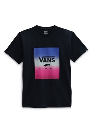 Zwart Vans T-shirt met een verloopvierkant in blauw, wit en roze, met het Vans-logo, een skateboardpictogram en de tekst "Off The Wall".