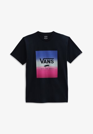 Zwart Vans T-shirt met een verloopvierkant in blauw, wit en roze, met het Vans-logo, een skateboardpictogram en de tekst "Off The Wall".