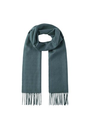 Écharpe en laine vert foncé avec des bords fringés, présentant une texture lisse et un design long et rectangulaire, adaptée à diverses options de style.