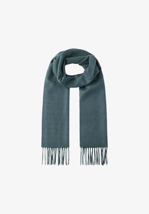 Bufanda de lana verde oscura con bordes flecados, que presenta una textura suave y un diseño largo y rectangular, adecuada para diversas opciones de estilo.