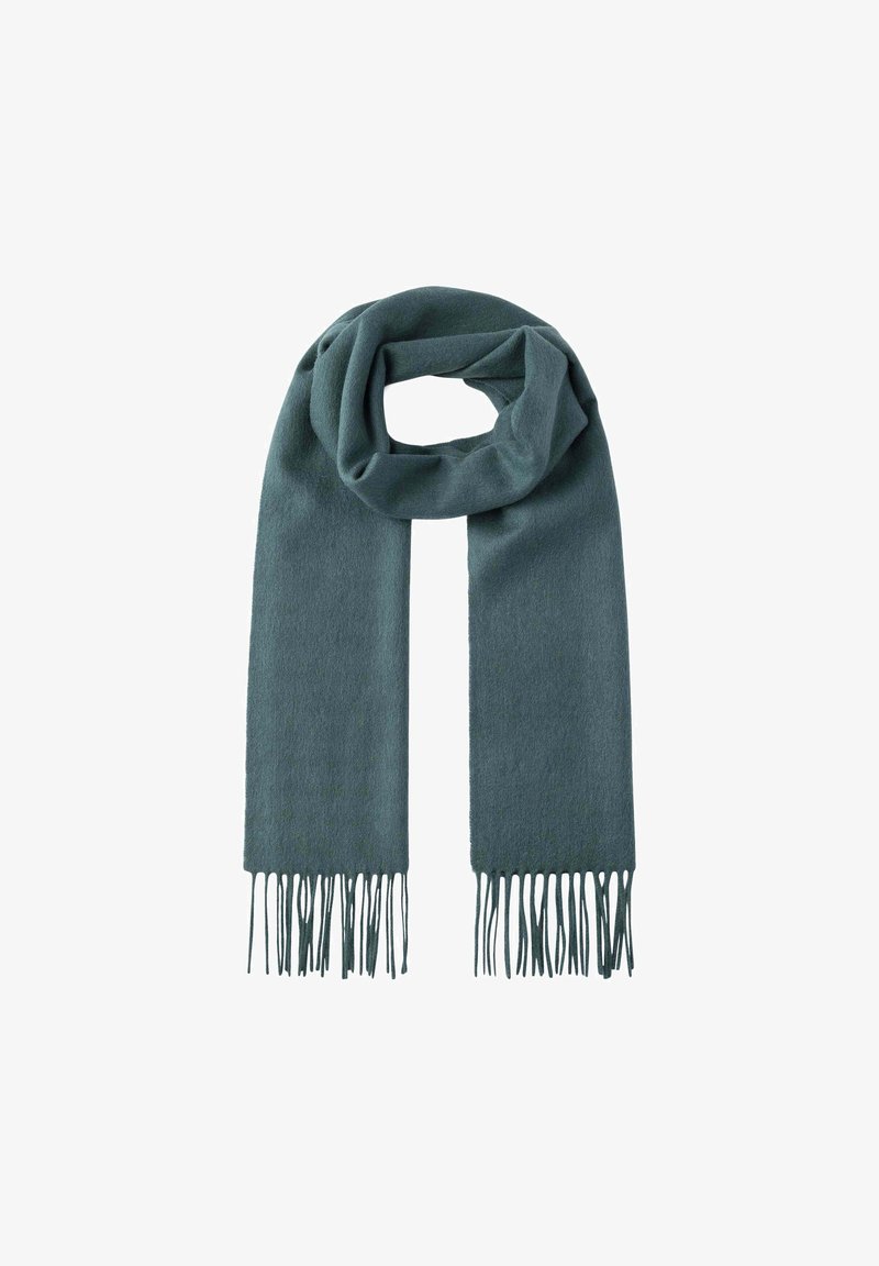 Sciarpa in lana verde scuro con bordi frangiati, caratterizzata da una superficie liscia e un design lungo e rettangolare, adatta a diverse opzioni di stile.