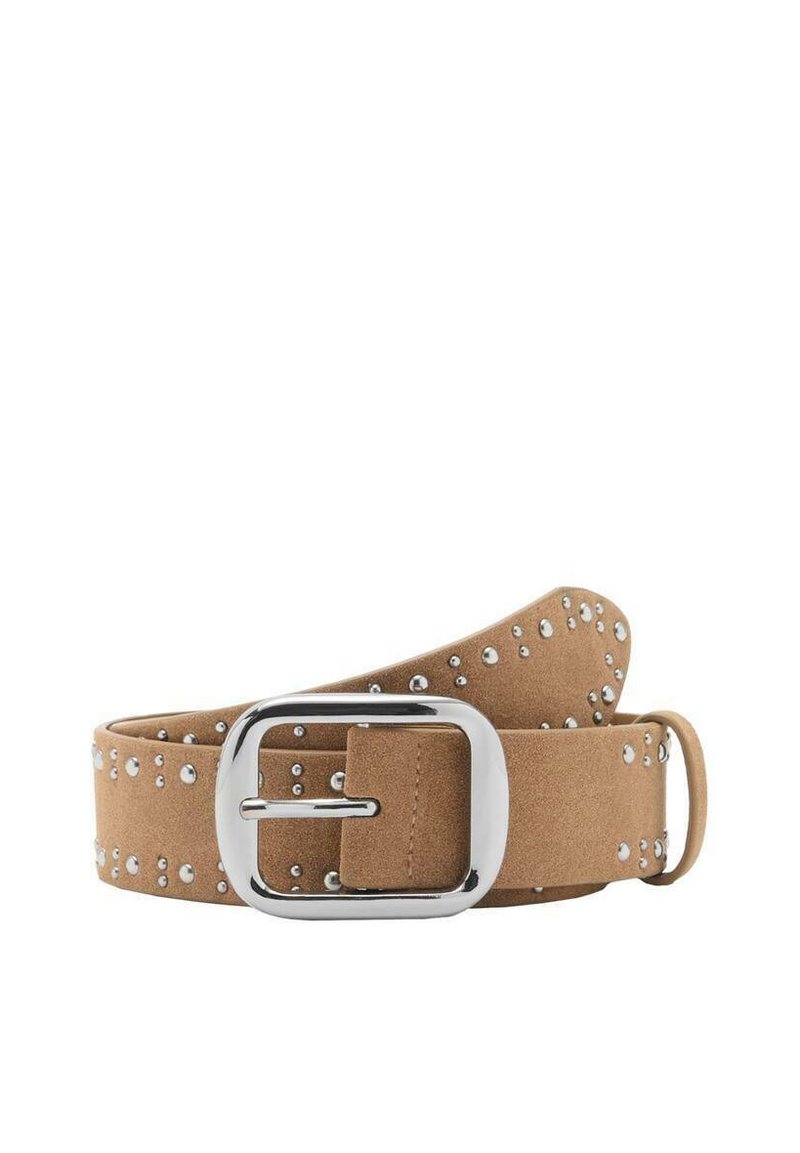Tan suede belt with silver studs along the edges and a rectangular metal buckle. Smooth texture, flat shape, and classic design.