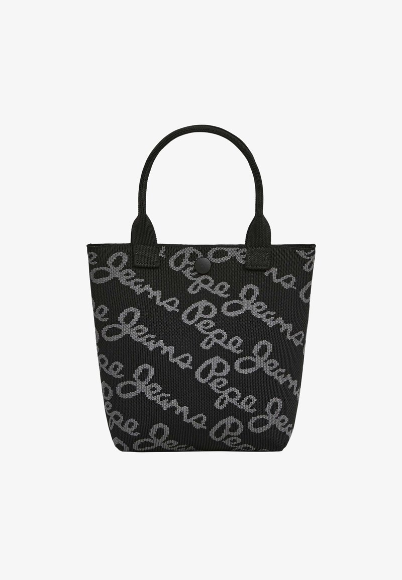 Melna iepirkumu soma ar pelēku aušanas logo rakstu. Izceļas ar īsām auduma rokām un pogu aizdari. Taisnstūra forma ar strukturētu dizainu.