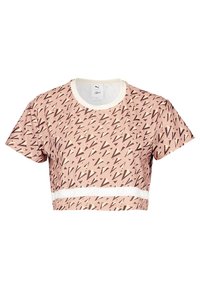Camiseta corta de color rosa con un patrón geométrico en marrón oscuro y crema, que presenta una banda elástica blanca con marca y un cuello redondo.