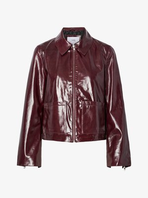 Burgundy leather jacket with glossy finish, point collar, zip front, and two front pockets. Features long sleeves and minimal hardware.