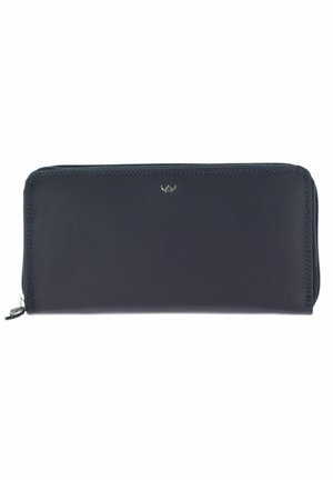 Portefeuille en cuir noir à fermeture éclair tout autour, petit logo argenté centré près du haut, coutures visibles et curseur sur le côté gauche.