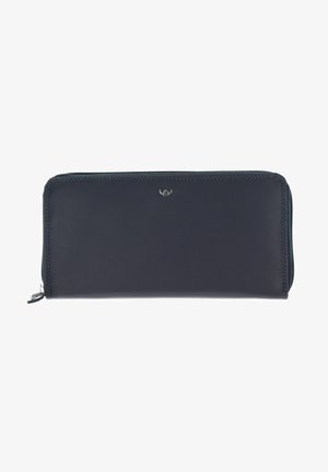 Schwarze Leder-Geldbörse mit Rundum-Reißverschluss, kleinem silbernem Logo nahe oben zentriert, sichtbaren Nähten und Reißverschluss-Ziehgriff auf der linken Seite.